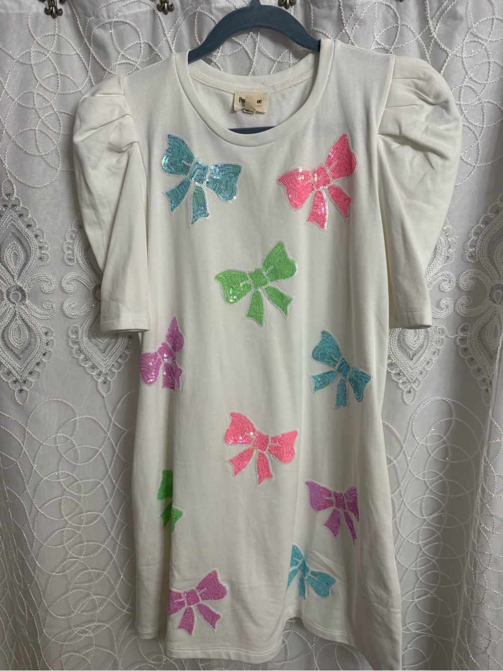 Ladies Cream Sequin Bow Tee Dress - Multicolor Bows